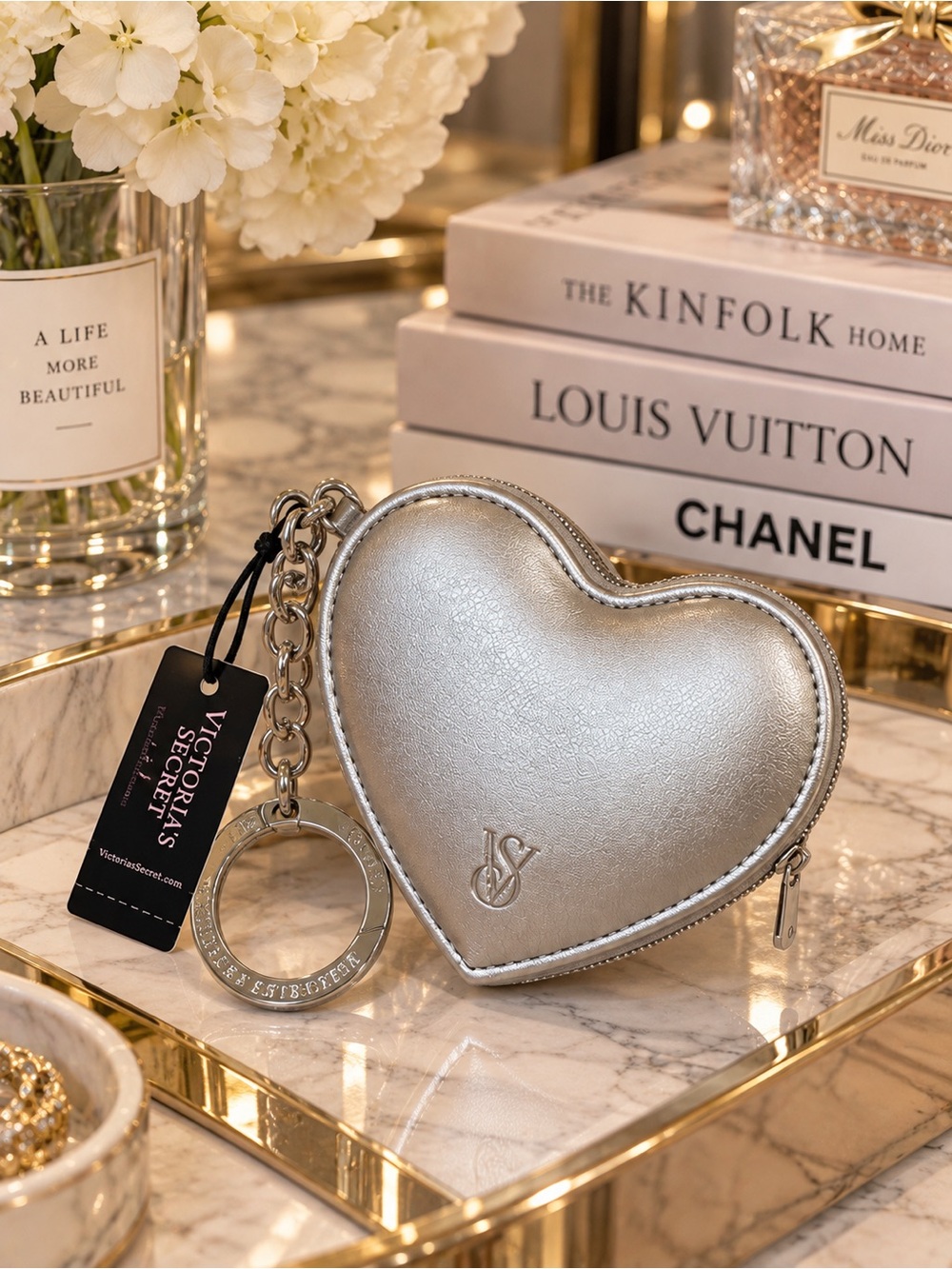 Victoria’s Secret Metallic Silver Heart Pouch Keychain Coin Purse NWT